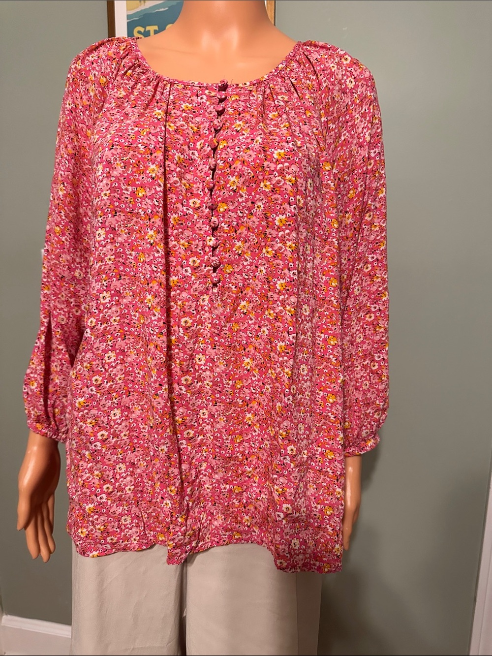 Pink Floral Button-Front Peasant Top